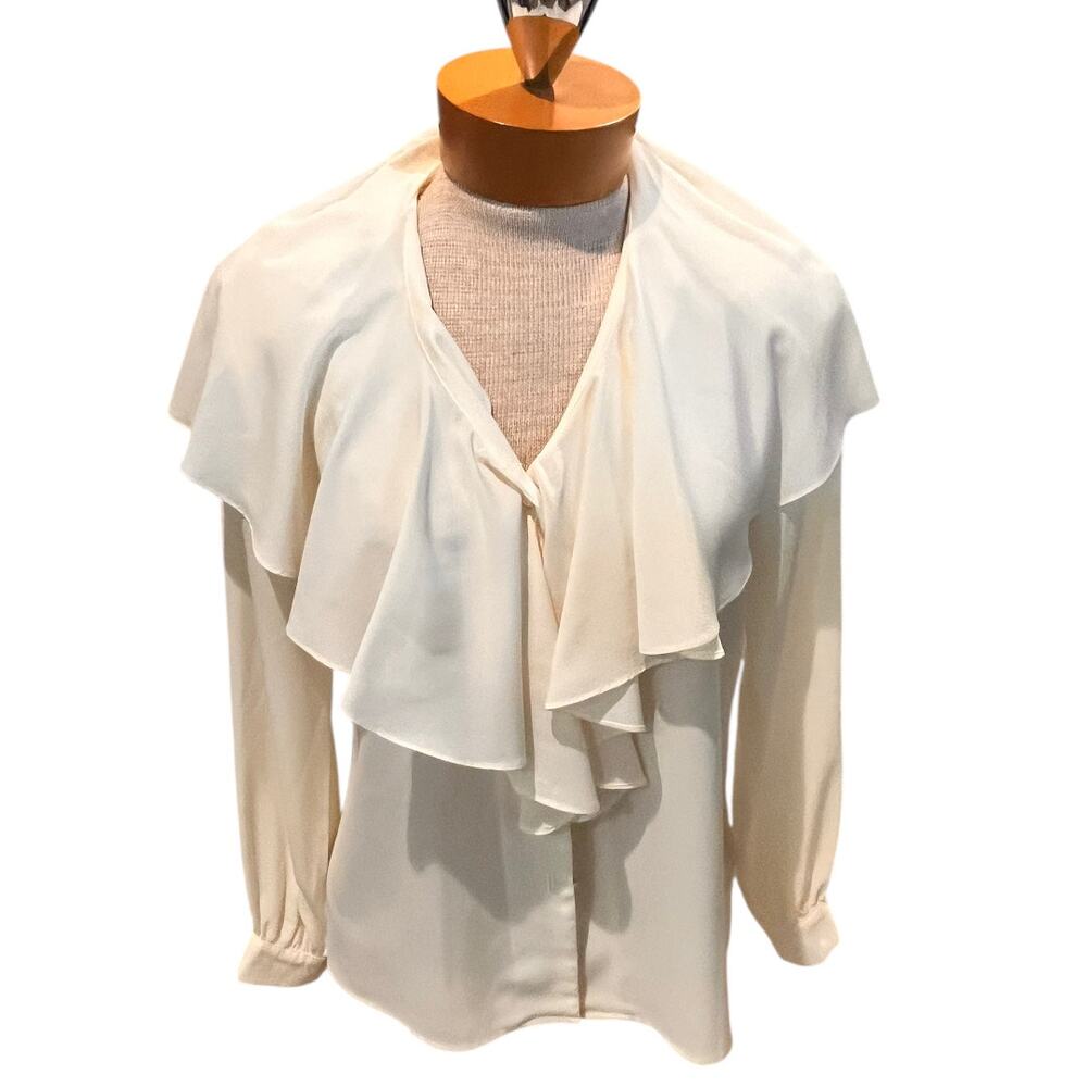 Vintage Size 8/S/M? Petite Sophisticate Womens Ruffled Blouse Ivory Long Sleeve - Picture 3 of 9